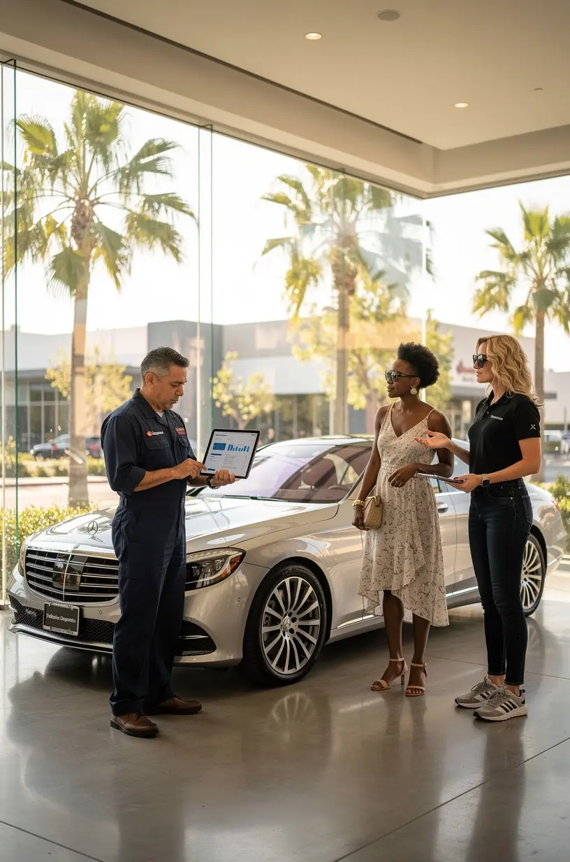 Ekspert serwisu luksusowych samochodów europejskich marek w eleganckim warsztacie w Los Angeles. Nowoczesne narzędzia diagnostyczne używane przez wykwalifikowanego mechanika do naprawy importowanego auta klasy premium. Klient odbierający luksusowy samochód po kompleksowym przeglądzie technicznym w butikowym serwisie samochodowym. Detaliczny widok na precyzyjne części silnika luksusowego pojazdu europejskiego podczas rutynowej konserwacji. Profesjonalny zespół serwisantów omawiający plan naprawy europejskiego auta luksusowego w przestronnym biurze serwisu. Eleganckie wnętrze serwisu samochodowego specjalizującego się w luksusowych markach importowanych z Europy, podkreślające dbałość o jakość usług.