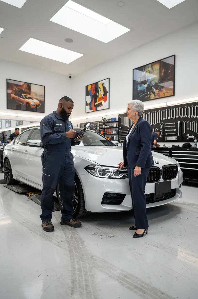 Ekspert serwisu luksusowych samochodów europejskich marek w eleganckim warsztacie w Los Angeles. Nowoczesne narzędzia diagnostyczne używane przez wykwalifikowanego mechanika do naprawy importowanego auta klasy premium. Klient odbierający luksusowy samochód po kompleksowym przeglądzie technicznym w butikowym serwisie samochodowym. Detaliczny widok na precyzyjne części silnika luksusowego pojazdu europejskiego podczas rutynowej konserwacji. Profesjonalny zespół serwisantów omawiający plan naprawy europejskiego auta luksusowego w przestronnym biurze serwisu. Eleganckie wnętrze serwisu samochodowego specjalizującego się w luksusowych markach importowanych z Europy, podkreślające dbałość o jakość usług.